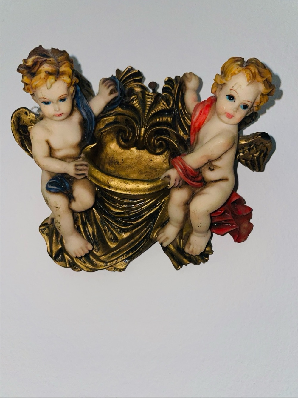 Vintage-2 cherubs-angels-holding wall pocket for holy water-Italy-wall hanging